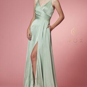 SAGE COLOR SATIN OPEN BACK PROM PARTY A-LINE LONG GOWN DRESS NX1020